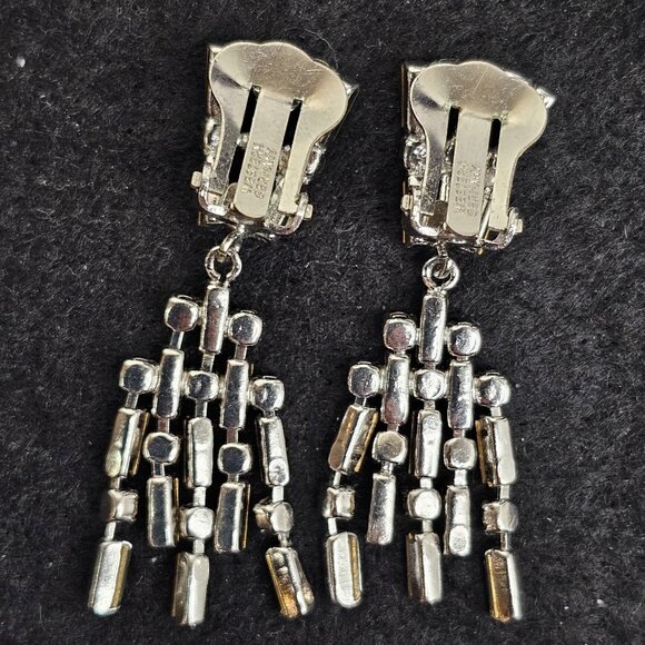 Western Germany Rhinestone Vintage Dangle Earrings Faux Diamonds Silver Tone - Picture 7 of 11
